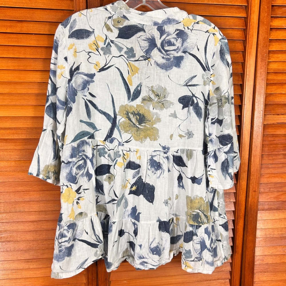 Valentina Naldi Italy Linen Floral Tunic Top Blue Yellow Ruffle Hem Small